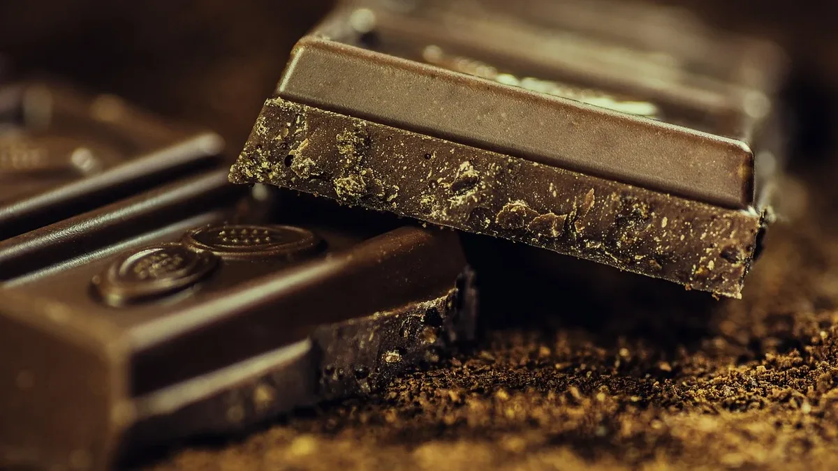 Two pieces of dark chocolate with a rough texture, one of which is broken in half and leaning against the other piece.